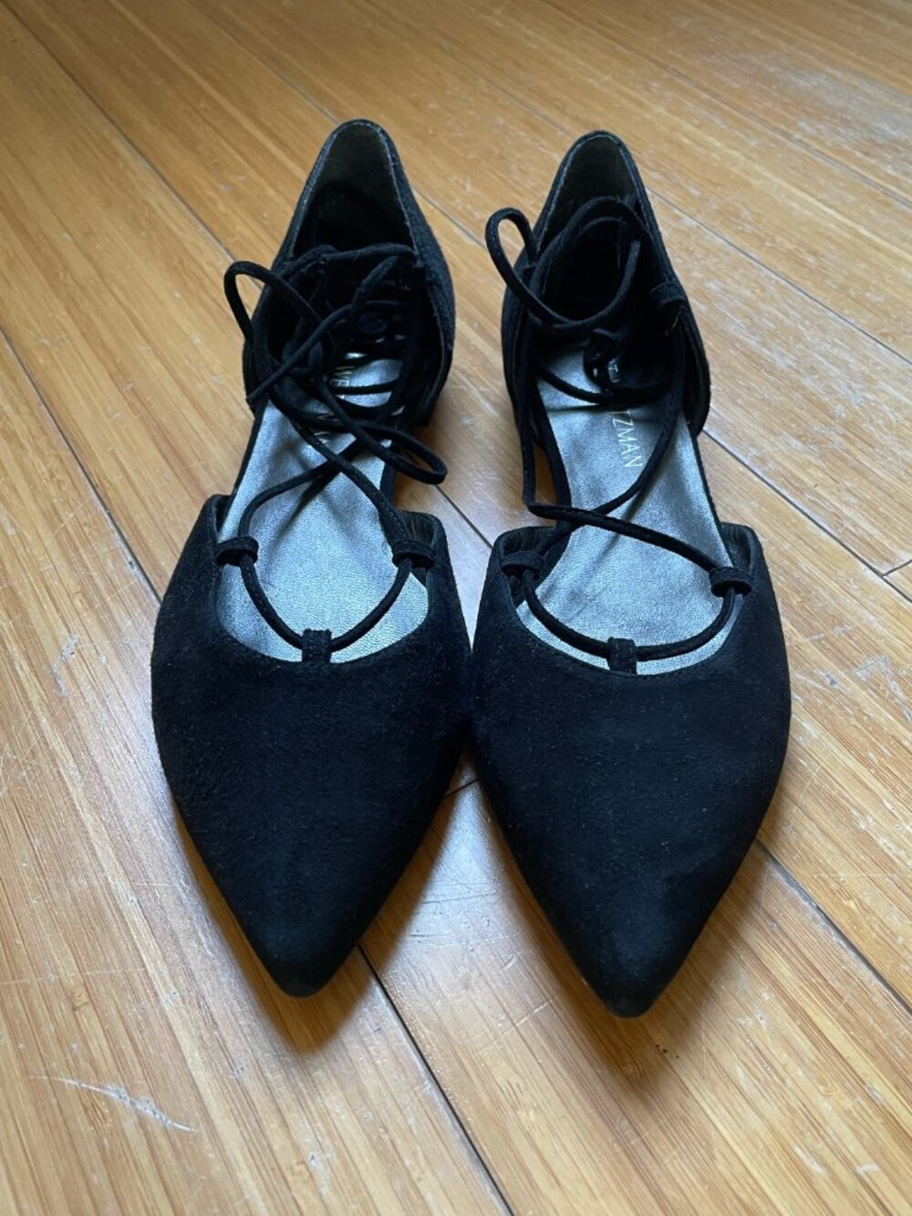 STUART WEITZMAN Black Suede Lace-Up Flats